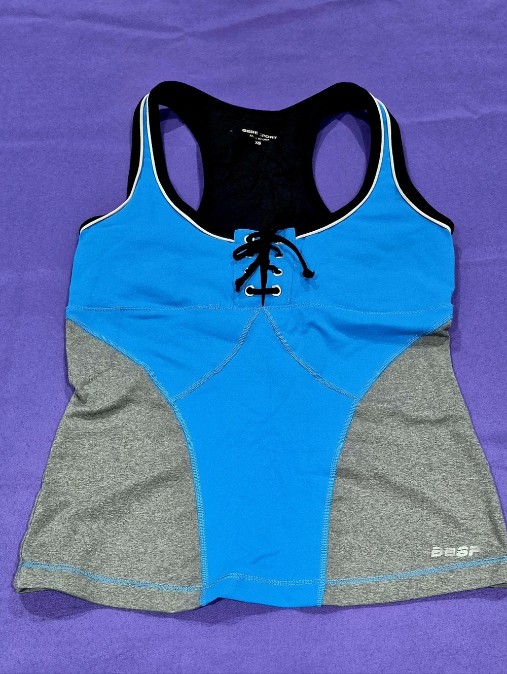 Bebe Sport Logo Blue/ Grey Lace-up Tank w/Shelf Bra - XS.